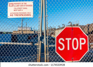 New Orleans, USA - Nov 28, 2017: At The 17th Street Canal Pump Station. Features A Locked Gate With 