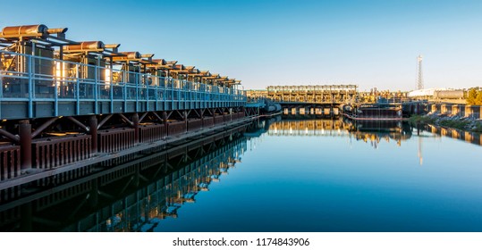 New Orleans, USA - Nov 28, 2017: Afternoon View Of The 17th Street Canal Pump Station As Viewed From The Road. This Structure Forms Part Of The City's Flood Control Mechanism.