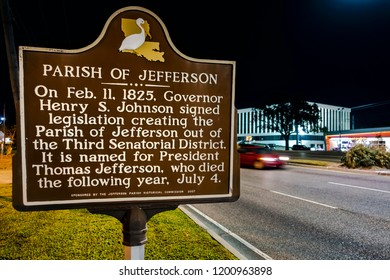 New Orleans, USA - Nov 29, 2017: Information Plaque Regarding The Parish Of Jefferson. Night Scene Along Veterans Boulevard.