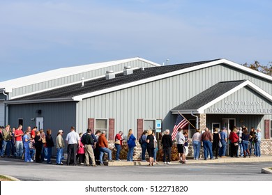 NEW OXFORD,PA-NOVEMBER 8,2016: Unidentified Individuals In Line To Cast Their Ballots In The 2016 United States Presidential Election In Mount Pleasant Township, Adams County, Pennsylvania.