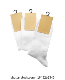 New Pairs Of Cotton Socks On White Background, Top View