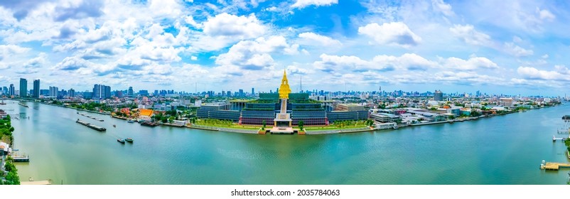 The New Parliament Of Thailand, Sappaya Sapasathan, Government Office, National Assembly With Golden Pagoda Nearby The Chao Phraya River In Bangkok