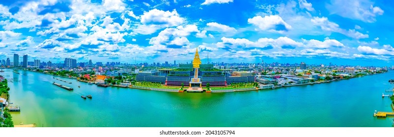 The New Parliament Of Thailand, Sappaya Sapasathan, Government Office, National Assembly With Golden Pagoda Nearby The Chao Phraya River In Bangkok