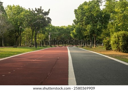 New pathway and beautiful trees track for running or walking and cycling relax in the park 