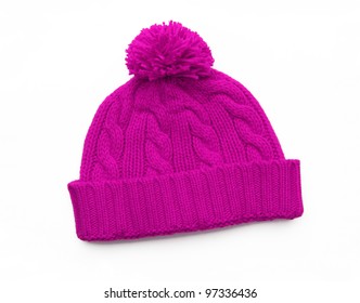 New Pink Knit Wool Hat With Pom Pom Isolated On White Background