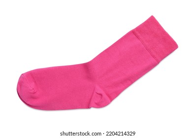 New Pink Sock Isolated On White, Top View. Footwear Accessory