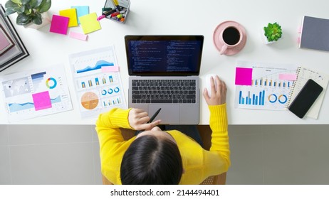 New possible digital transformation future workforce. Above top view desk of Asia people young talent woman work at home reskill upskill martech job remote test on AI cloud computing cyber security. - Powered by Shutterstock