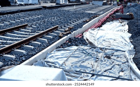 new and precise laying of tracks using leveling devices at the fork in two tram tracks. a layer of gravel above which concrete sleepers are placed. rubber anti-vibration base made of rubber