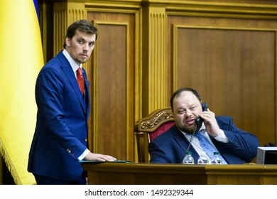 New Prime Minister Of Ukraine Oleksiy Goncharuk And First Deputy Chair Of The Verkhovna Rada Ruslan Stefanchuk During A Session Of The Ukrainian Parliament In Kyiv, Ukraine, 29 August 2019.