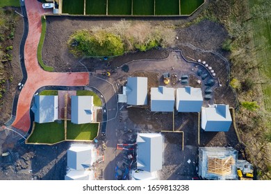 New Private Housing Development Construction In Rural Countryside Aerial View