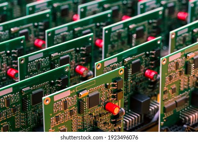 New Produced Automotive Printed Circuit Boards With Soldered Surface Mounted Components. Horizontal Image Composition