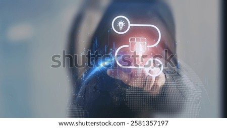 New product development and project roadmap concept. Businessman touching on digital screen with new product development and project roadmap icons, ideation, development and launching process. 