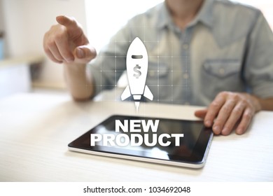 New Product Launch. Rocket Icon On Virtual Screen. Marketing Strategy, Commercial Innovation. Business Concept.