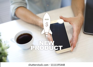 New Product Launch. Rocket Icon On Virtual Screen. Marketing Strategy, Commercial Innovation. Business Concept.