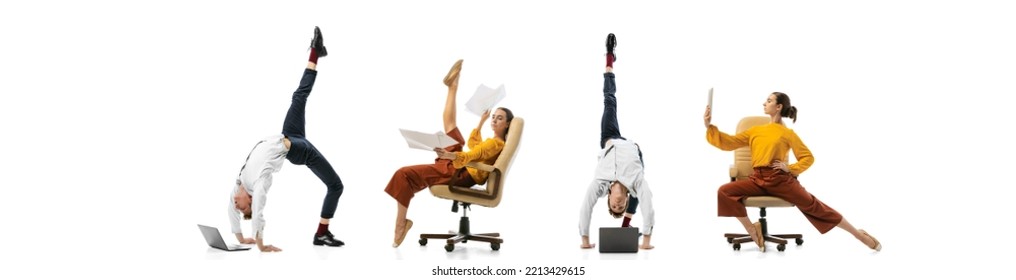 New Projects. Expressive And Flexible Office Workers In Casual And Business Clothes In Motion, Action Isolated On White Background. Ballet Dancers. Creative Collage.