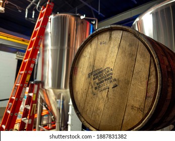 New Providence, NJ - USA - 01-25-2020: Beer Aging In Wooden Barrel In Small Craft Brewery