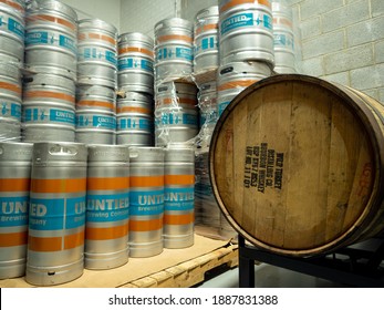 New Providence, NJ - USA - 01-25-2020: Beer Kegs And Wooden Barrel In Small Craft Brewery