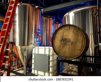 New Providence, NJ - USA - 01-25-2020: Beer Aging In Wooden Barrel In Small Craft Brewery