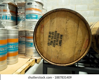 New Providence, NJ - USA - 01-25-2020: Beer Kegs And Wooden Barrel In Small Craft Brewery