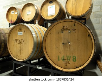 New Providence, NJ - USA - 01-25-2020: Beer Aging In Array Of Wooden Barrels In Small Craft Brewery