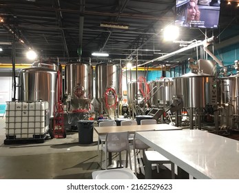 New Providence, NJ, USA - 05-27-2021: Inside Of Small Craft Brewery With Stainless Steel Fermentation Tanks