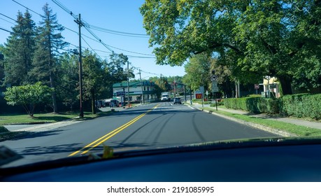 New Providence, NJ, USA - 09-24-2021: Driving County Road In Suburban Small Town America At The End Of Summer