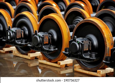 New railway wheels on the factory line
