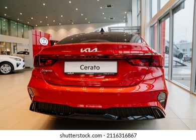 New red KIA car in the car dealership. rent, sale of cars at an authorized dealer. Russia, Rostov-on-Don, motor showroom KLYUCHAVTO, 20.12.2021