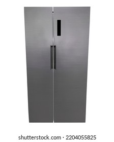 New Refrigerator Isolated On White Background. Front View Of Modern Stainless Steel Refrigerator.  Fridge Freezer Isolated