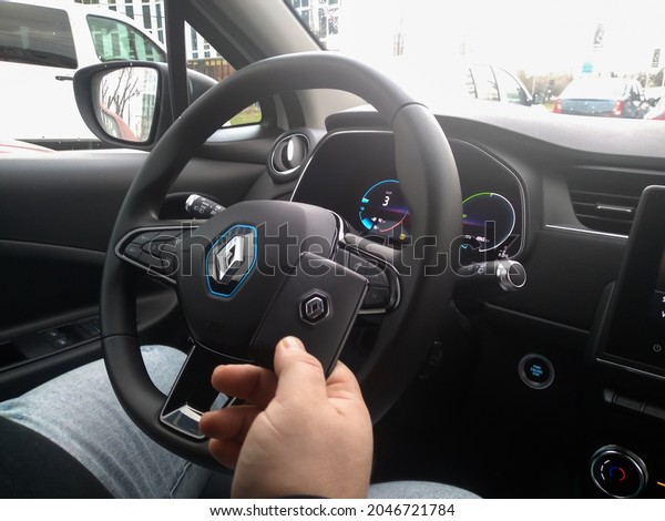 New Renault Zoe\
electric car interior. Steering wheel with control buttons.\
Bucharest, Romania, 2021