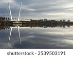 The new Renfrewshire bridge under construction on the banks of the river Clyde in Scotland on a autumn morning 