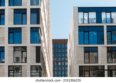 New residental buildings with large windows on one of the most expensive streets of the city, elite Khamovniki district, Usacheva Street, Moscow, Russia. Space for text.