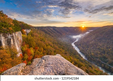 New River Gorge, West Virginia, USA Autumn Morning Landscape At The Endless Wall.