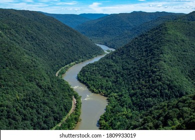 The New River snaking through the West Virginia mountains - Shutterstock ID 1809933019