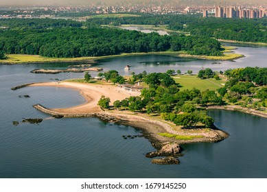New Rochelle, New York United States May 13 2017 Aerial view of Glen Island Park in New Rochelle wit Co Op City Bronx in background