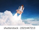 New Rocket flies to another planet. Spaceship takes off into the starry sky. Rocket starts into space. Concept. Spaceship shuttle lift off through the clouds. 