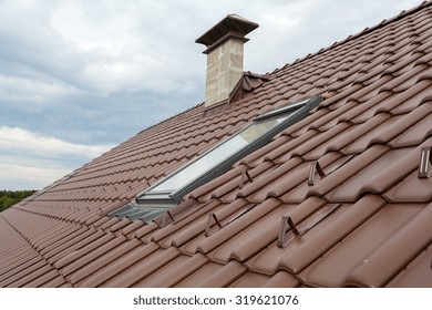 New Roof With Skylight, Natural Red Tile And Chimney