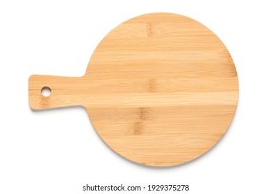 New round wooden bamboo cutting board for pizza isolated on white background. Mockup for food project