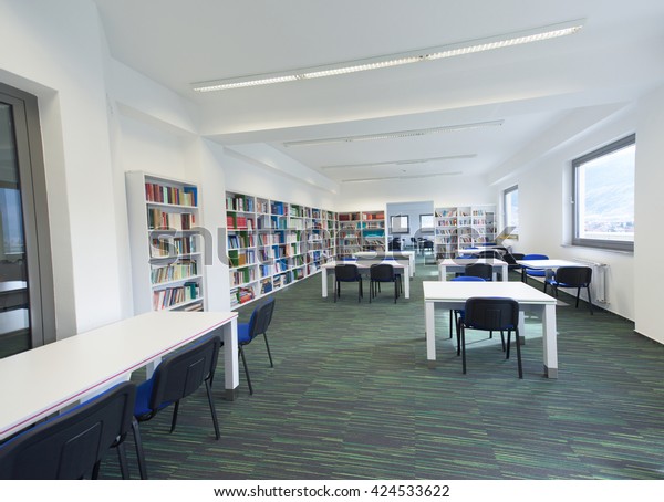 New School Library Interior Education Database Stock Photo