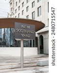 New Scotland Yard sign at the headquarters of the London Metropolitan police.