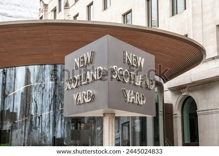 New Scotland Yard sign at the headquarters of the London Metropolitan police.