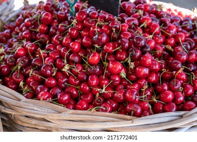 New Season Of Ripe Red Sweet Cherry Summer Fruits, Cherry For Sale On Farmers Market