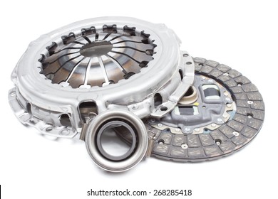 A New Set Of Replacement Automotive Clutch On A White Background. Disc And Clutch Basket With Release Bearing