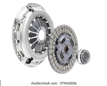 A new set of replacement automotive clutch on a white background. Disc and clutch basket with release bearing - Shutterstock ID 379426036