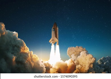 New Ship flies to another planet. Spaceship takes off into the starry sky. Rocket starts into space. Concept - Shutterstock ID 1574090395