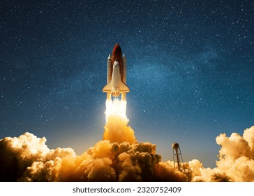 New Ship Rocket flies to another planet. Spaceship lift off into the starry sky space. Rocket starts mission into space. Concept. Travel to cosmos. Explorer