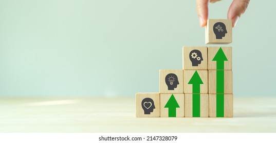 New skill, tech and digital skill concept for technology evolution. Soft, thinking, management, digital skill. Holding wooden cubes with digital icon. New skill, reskilling, upskilling training.