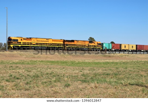 New South Wales, Australia  April 15 2019.   Genesee\
& Wyoming goods train at a siding in country New South Wales. \
G & W  and Macquarie Group have been operating in NSW, SA\
& NT  since 2006