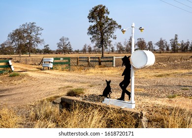 NEW SOUTH WALES, AUSTRALIA – January 7, 2020: Man And His Dog Waiting For Mail On A Side Road In NSW, Australia. Example Of A Great Australian Letterbox With A Sense Of Humor.