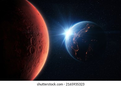 New Space Mission. Amazing red planet Mars and Beautiful blue planet earth with the lights of the sun. Space Wallpaper and Journey to Mars 